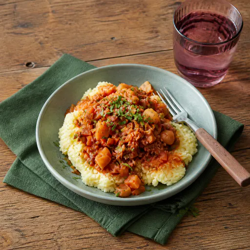 Seitan Stew with Parsnip and Mashed Potatoes